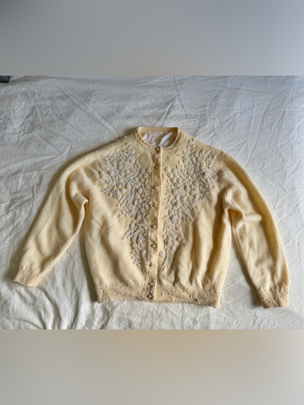 VINTAGE Devi’s beaded 100% Cashmere Cardigan butter yellow size XS (?)